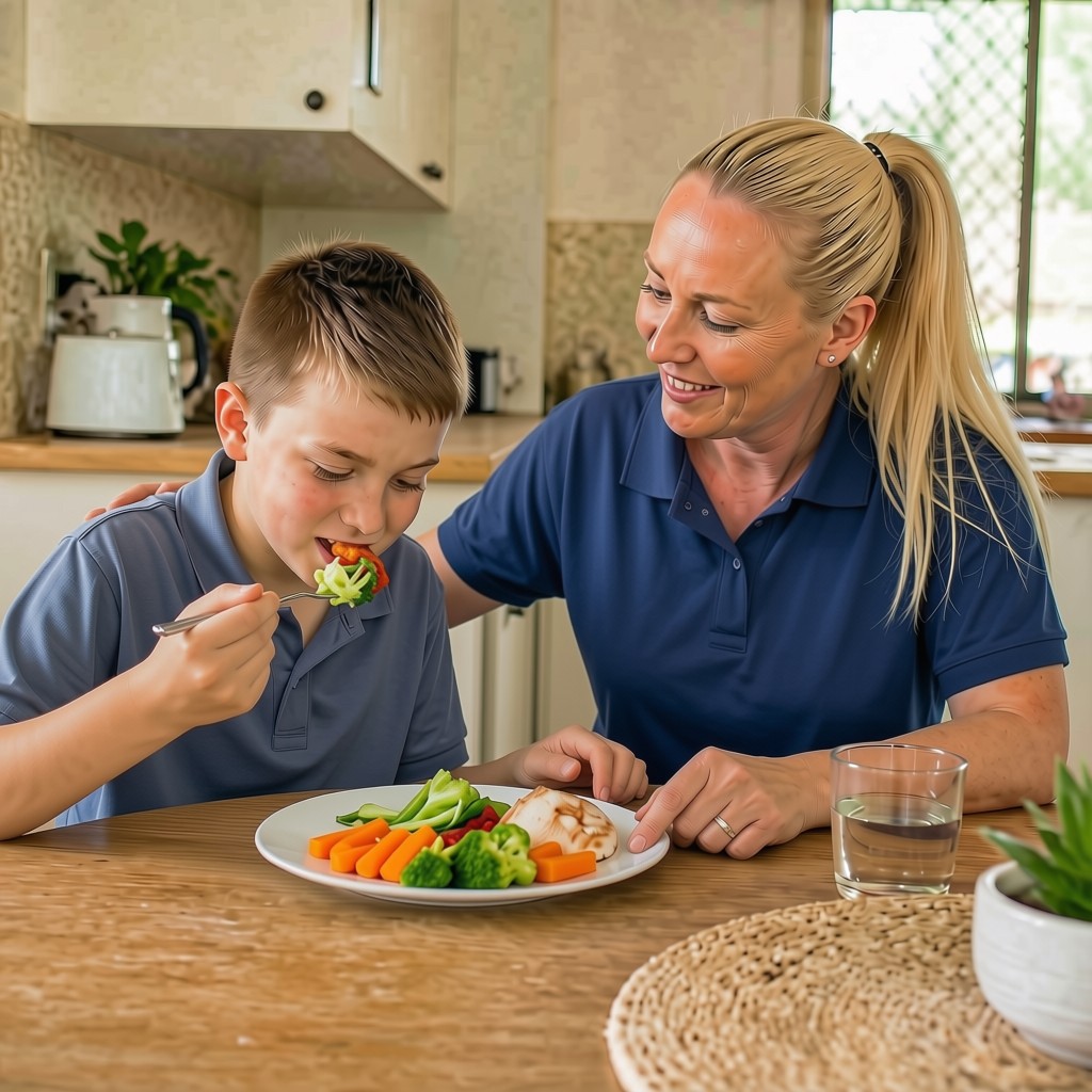 Support worker helping a young participant with a healthy meal